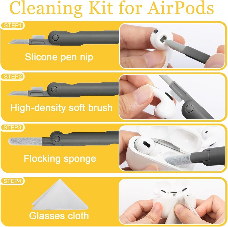 walrfid Airpods Electronic Screen 7 in 1 Cleaner Kit Laptop Keyboard Cleaning Tool for ipad/iwatch/Computer/Phone/MacBook with 5ml Touchscreen Cleaners Mist (Grey) - Image 3